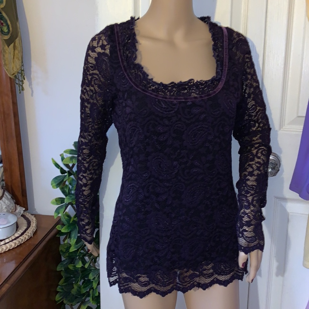 Vintage 90s royal purple stretch lace velvet ribbon square neck tunic top L
